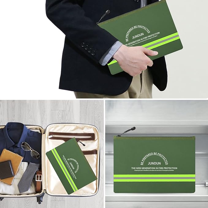 JUNDUN Fireproof Document Bag,14.2”x 10.0”Waterproof and Fireproof Money Bag with Aluminum Foil Lining,Fireproof Safe Storage Pouch with Zipper for Document and Cash,Green
