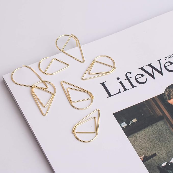 Gold Teardrop Paper Clips, Medium 1.3 Inch, 100 Pieces | Drop-Shaped , Stainless Steel, For Office School Supplies, Wedding Invitations, Document Organizing, Planners