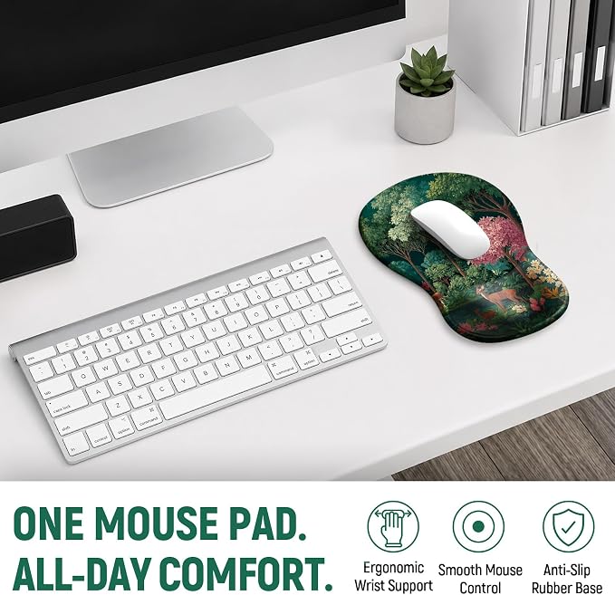 Ergonomic Mouse Pad with Wrist Rest, Gel Wrist Support, Forest | 10.2 x 7.6 in Mouse Pad with Smooth Fabric Surface and Non-Slip Rubber Base for Office, Home, Study, and Gaming