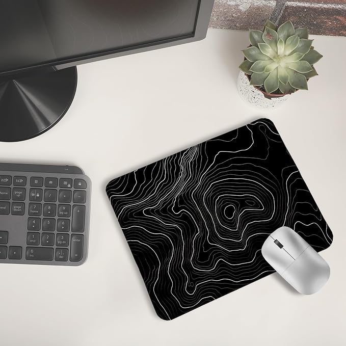Black Topographic Mouse Pad, Abstract Black and White Mouse Pads for Wireless Mouse Computers Laptop Desk Accessories, Highground Mousepad, Black Desk Accessories for Office, 9.5x7.9 Inch