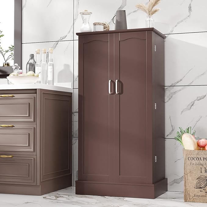 47” Pantry Cabinet, Kitchen Pantry Storage Cabinet with Doors & Adjustable Shelves, Brown Freestanding Buffet Cupboards Sideboard for Living Room and Dinning Room, Sturdy and Durable
