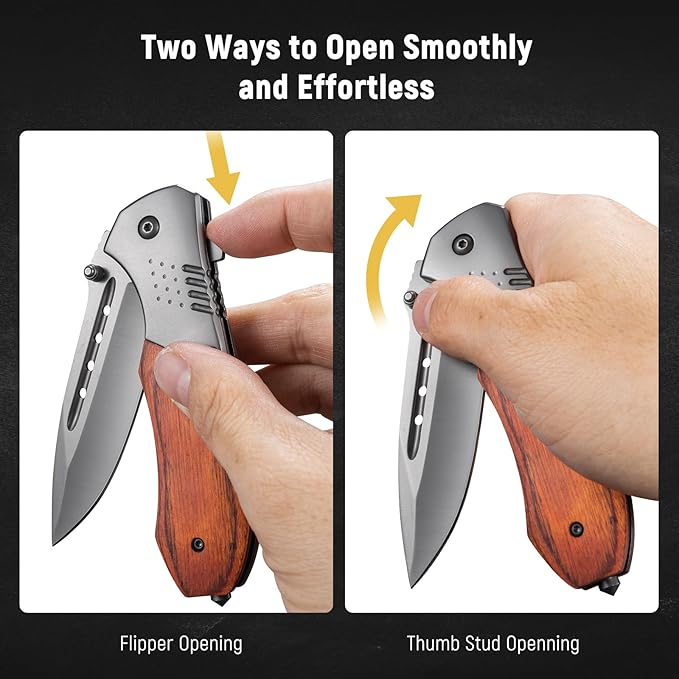 Pocket Knife for Men - Sharp Blade Wood Handle Pocket Folding Knives with Clip, Glass Breaker - EDC Knives for Survival Camping Fishing Hiking Women, Large, Grey
