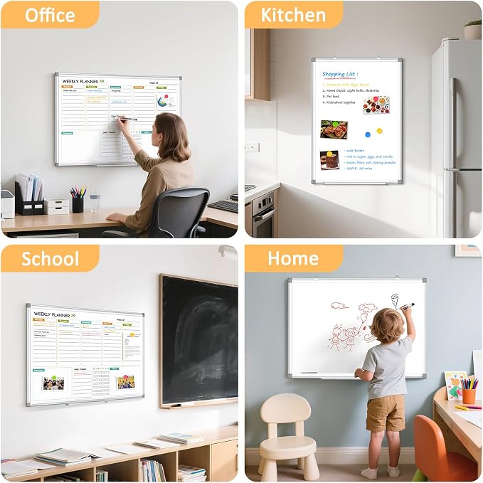 Weekly Dry Erase Calendar Whiteboard with Corkboard, 24" x 18", Silver | Magnetic, White Board Cork Board Combo, Double Sided, Wall Mounted, Aluminum Frame, for Home, Office, Kitchen, Dorm