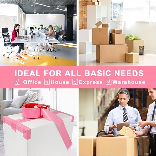 BOMEI PACK Pink Packing Tape with Dispenser, 2.4 Mil 1.88 Inch x 60 Yards, 6 Refills Rolls Color Box Tape for Moving, Shipping and Packaging
