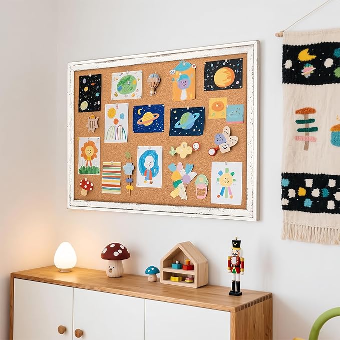 Cork Board Bulletin Board, 36"x24" Corkboard for Wall | Rustic White Wooden Frame, Decorative Pin Board, Message Board, Notice Board, Vision Board for Home, Office, Kitchen