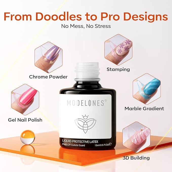 modelones Gel Polish Liquid Latex for Nails, 15 ml Peel Off Nail Polish Barrier with Stick, Fast Dry Cuticle Guard, Skin Protector for Fingers
