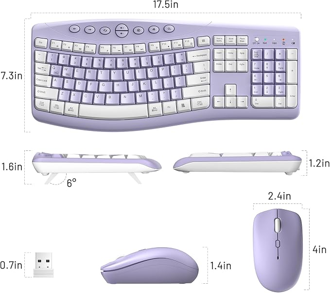 Wireless Keyboard and Mouse Combo Silent Ergonomic Curved Design for Office