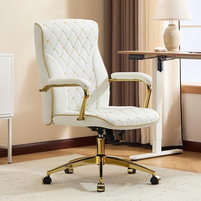 White and Gold Office Chair, Leather Office Chairs, Adjustable Vanity Chair with Golden Legs and Padded Armrest, Modern Upholstered Computer Chair with Wheels,White