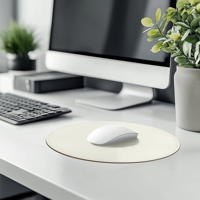 Mouse Pad,Round Mouse Pad,PU Mouse Pad,Leather Mouse Pad with Stitched Edge Micro-Fiber Base with Non-Slip Waterproof,Mouse Pad for Computers,Laptop,9 x 9 Inch (White)
