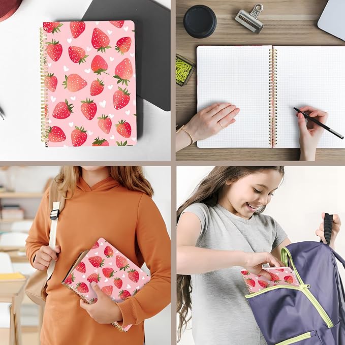 Cute Spiral Notebook journal A4 Aesthetic Pretty Design for Women Girls Kawaii with Pocket, 8.5 x 11 inch, Graph, Strawberry