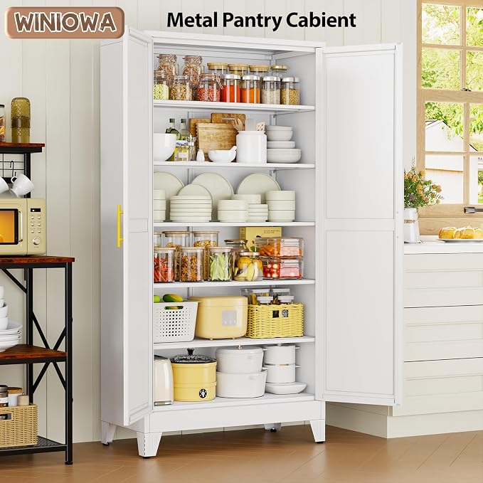 winiowa 78.7" Tall Metal Pantry Cabinet, Kitchen Storage Organizer, White | with 2 Doors and 5 Adjustable Shelves, Versatile Storage Cupboard for Kitchen, Laundry, Dining & Utility Room