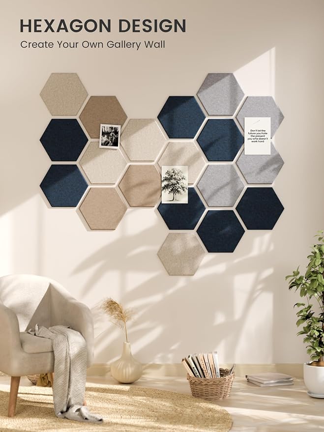 Fluxynara 12-Pack Hexagon Felt Bulletin Board Tiles, Nordic Slate-1 | Cork Board Alternative with 60 Adhesive Tabs for Notes, Photos and Reminders in Home Offices, Dorm and Classrooms