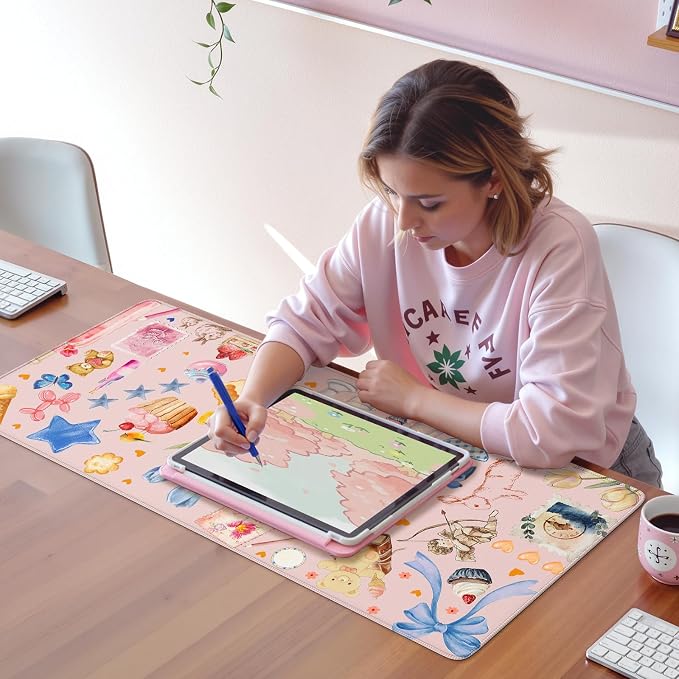 iCasso Pink Desk Mat, Cute Mouse Pad Decor, 35.4 x 15.7in Office Decor | Waterproof Non-Slip Large Desk Pad for Keyboard and Mouse with Stitched Edges, Cute Desk Accessory for Gaming and Dorm Rooms