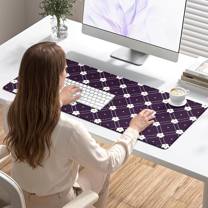 Desk Mat, Large Gaming Mouse Pad, 32" x 12", Cute Purple Argyle | Waterproof Desk Pad, Non-Slip Rubber Base, Desktop Mat with Stitched Edges, Desk Accessories for Office, Work, Home