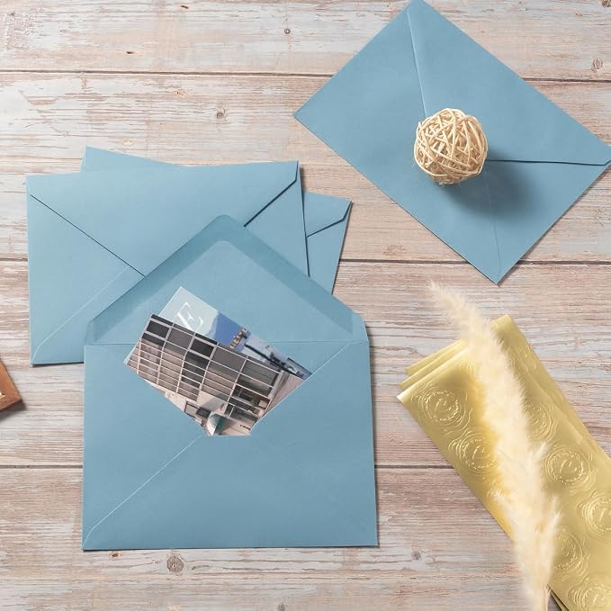 100 Pieces A6 Envelopes 4x6 Dusty-Blue, 6 1/2 x 4 3/4 Inches | 4x6 Envelopes with Gold Stickers For Greeting Cards, Birthday, Weddings, Baby Shower Invitations