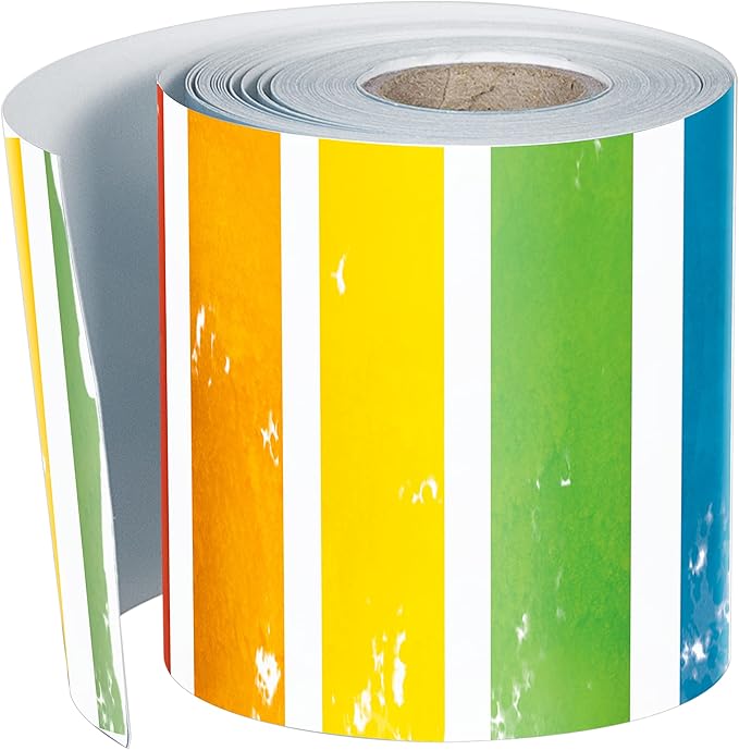 Carson Dellosa All are Welcome 65Ft of Striped Rainbow Bulletin Board Borders, 1 Roll of Colorful Trim for Rolling Whiteboard, Cork and Posterboard, Party Decorations, and Classroom Decor