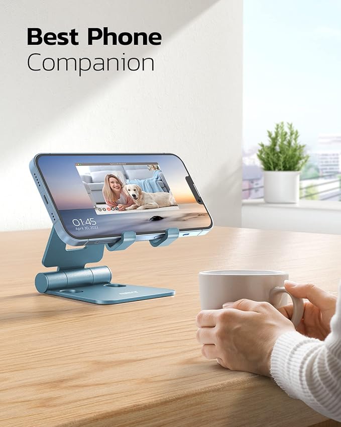 Nulaxy Full Aluminum Dual Folding Cell Phone Stand for Desk, Blue | Height Angle Adjustable, Portable, Anti-Slip Base, Fits 18mm Thick Case Smartphone, Nintendo Switch Desk Essential Accessory