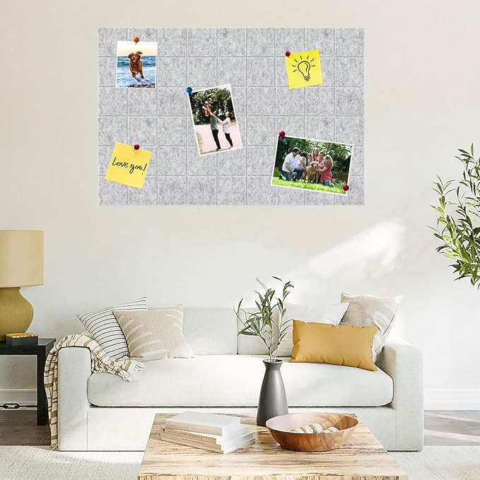 Large Square Felt Cork Board Tiles, Self Adhesive DIY Felt Bulletin Board Pin Board with 35 Pushpins for Office School Home Wall Decor Stickers Memos Photos Display (Light Grey)