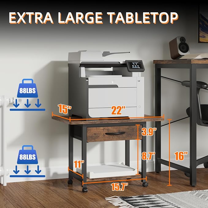 YAOHUOO 22"x15" Large Printer Stand with Drawer, 2-Tier Rolling Table Cart | Under Desk Printer Table,Storage Fabric Drawer,Fit printer/fax/3d/scanner,4 Lock Wheels or Feet,For Home Office Dorms,Brown