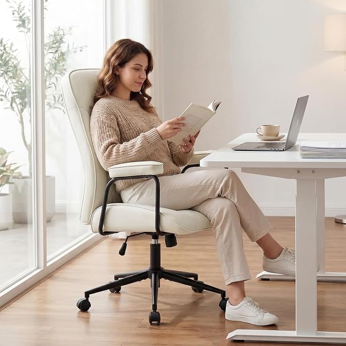 Leather Office Chair, Comfy Home Office Desk Chair, Mid Century Modern Office Chair with Lumbar Support, Mid-Back Adjustable Swivel Computer Chair with Wheels and Arms, Cream White