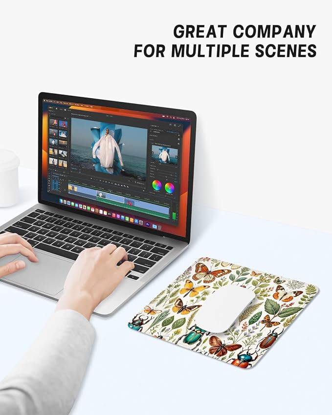 Mouse Pad, Cute Mouse Mat, 10" x 8", Flower Butterfly | Square Waterproof Gaming Computer Mat, Textured Top, Stitched Edges, Non-Slip Rubber Base for Office Home Laptop Keyboard
