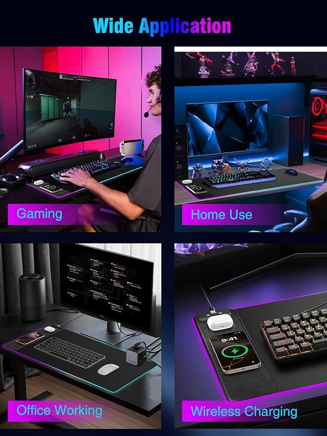 Mouse Pad with Magnetic Wireless Charging, Large Desk Pad Protector, RGB Black Desk Mat with 15W Fast Charger, Non-Slip Waterproof Mousepad for Office Home Gaming