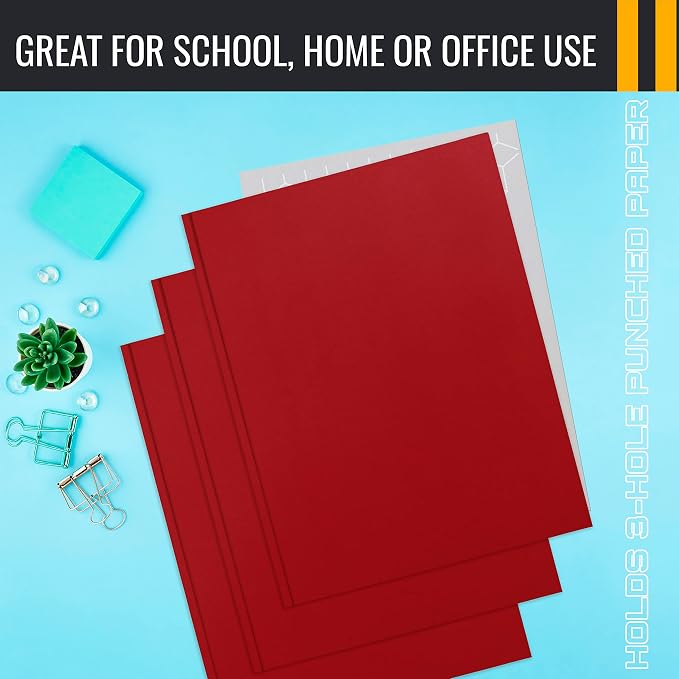 Better Office Products Plastic Folders, 50 Pack Red Paper Folders with Pockets & Folders with Prongs, Matte Texture, Letter Size, 3 Metal Prong Fastener Clips, Durable for Office, School, Filing