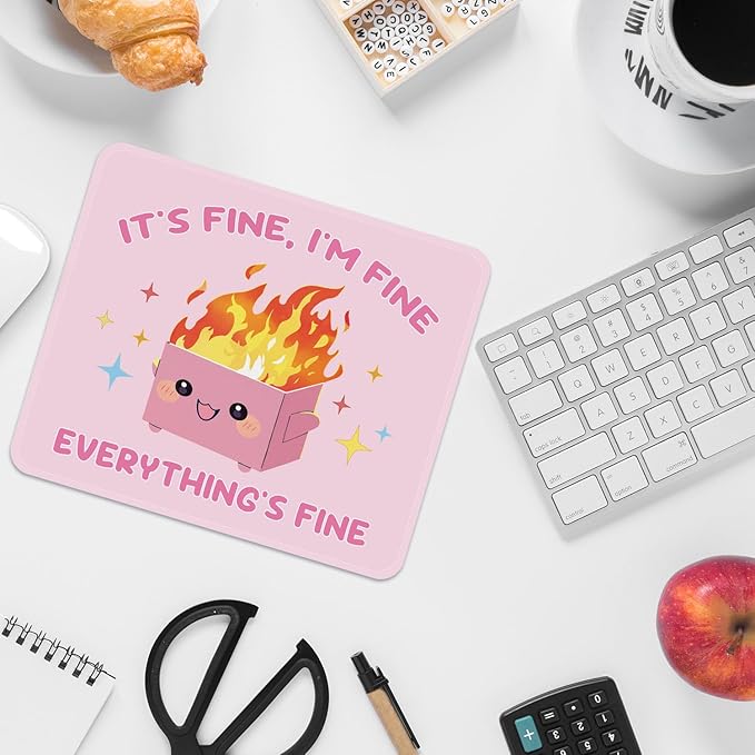 FROGIGO Mouse Pad with Stitched Edges - Funny Mousepad for Women, 9.25 x 7.75 inch Washable Square Desk Pad, Non-Slip Rubber Base, Office Home Laptop Accessories - Pink Box on Fire