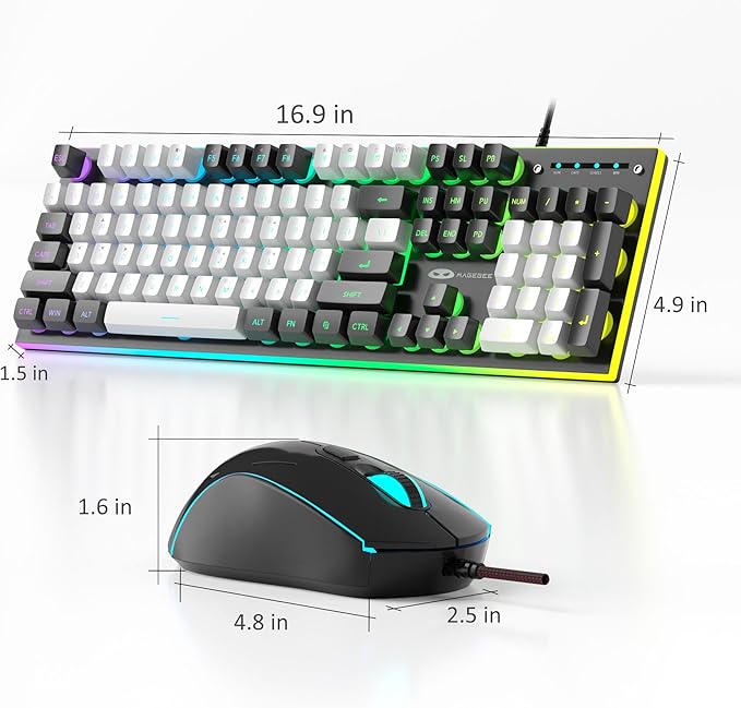 MageGee GT838 Gaming Keyboard and Mouse Combo, 104 Keys RGB Backlit Quiet Wired Keyboards for Laptop PC MAC, with Number Pad, Metal Panel, Anti-Ghosting, White Black