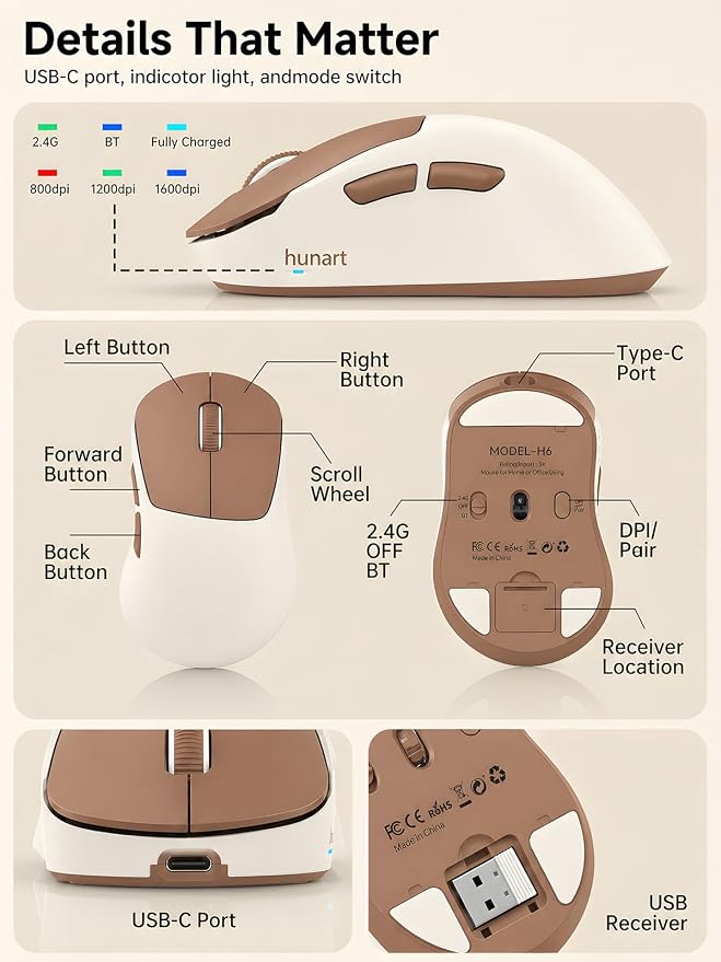 hunart H6 49g Wireless Mouse, Bluetooth & 2.4GHz, Rechargeable,Mocha Brown | Silent Clicks, Two Ways to Connect, USB-C Charging, Lightweight Right-Hand Ergonomic Comfort, for Laptop, MacBook, Computer