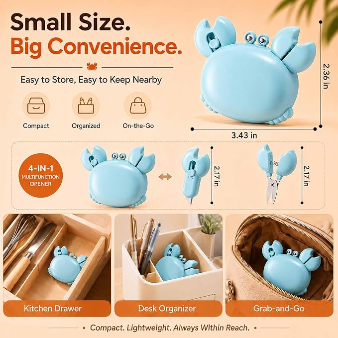 Crab-Shaped 4-in-1 Multi Tool Opener, Magnetic Fridge Magnet, Beer Bottle Opener, Retractable Box Cutter & Mini Scissors, Compact Kitchen Gadget for Home Office (blue)