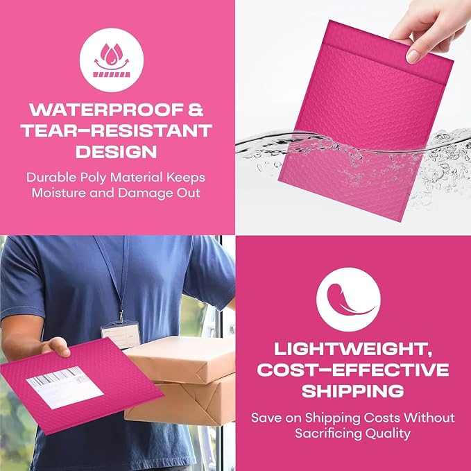 Hot Pink Bubble Mailers 12x15, Self Seal Poly Padded Envelopes, 100 Pack | Holds Clothing & Bulk Items, No Tape Needed, Cushioned Protection, Water-Resistant Poly, Bulk Pack for Small Business