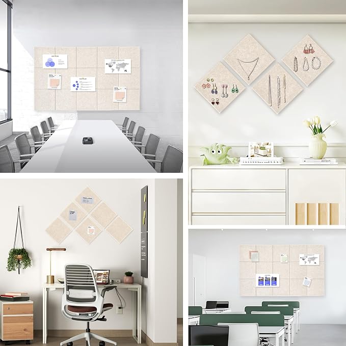 36" x 24" Large Felt Bulletin Board 1/2" Thick, Oatmeal | 6 Pack Felt Tiles, Cork Board Alternative, 30 Adhesive Tabs, Pin Board for Home Office Decor with Easy Install