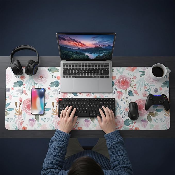 XXL Gaming Mouse Pad (47.2 x 23.6 Inch), Giant Floral Desk Blotter for Full Coverage, Watercolor Rose Garden Pattern, Anti-Slip Table Cover, Premium Soft Laptop Protector