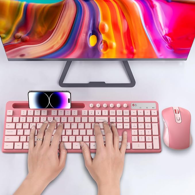 Wireless Keyboard and Mouse Combo, MARVO 2.4G Ergonomic Wireless Computer Keyboard with Phone Tablet Holder, Silent Mouse with 6 Button, Compatible with MacBook, Windows (Sakura Pink)
