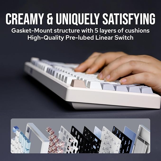 EPOMAKER Galaxy100 QMK/VIA Wireless Gaming Keyboard, Aluminum Shell, BT/2.4Ghz/USB-C, Pre-Lubed Hot-Swappable Linear Switches, NKRO, RGB Backlit (Creamy White, Wisteria Linear Switch)