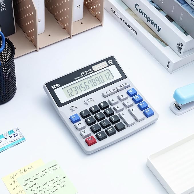 M&G Desk Calculator 12 Digit Extra Large LCD Display, Dual Solar Power and Battery, Accounting Calculator with Big Button, Battery Include, Perfect for Office Business Home Daily Use