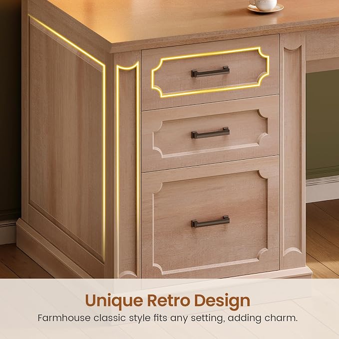 SEDETA Farmhouse 78.8" L Shaped Desk with 6 Drawers, Home Office Desk with Power Outlet, File Cabinet Storage, Wood Corner Computer Desk for Work and Study, Oak