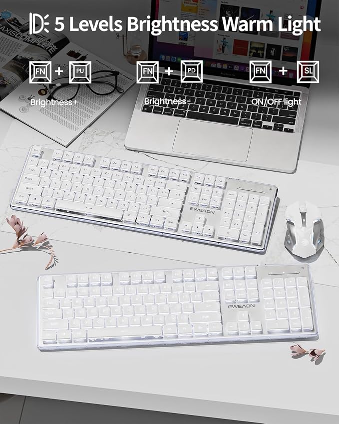 Wireless Keyboard and Mouse Combo with White Backlit Pudding Keycaps | Bluetooth & 2.4G Dual Mode, 2000mAh Rechargeable Full Size Quiet Computer Keyboard for Windows PC Desktop, White, EWEADN