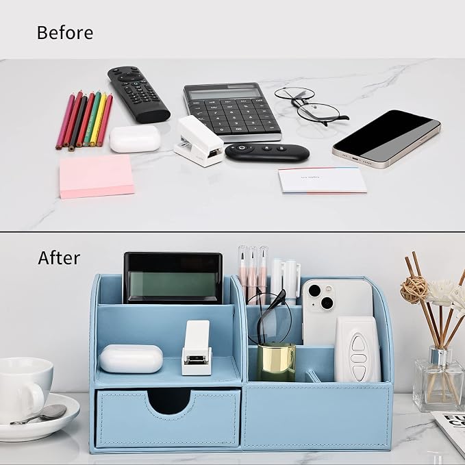 Pu Leather Desk Organizer Pen Pencil Holder Office Supplies Caddy Storage Box 6 Compartments with Drawer Blue