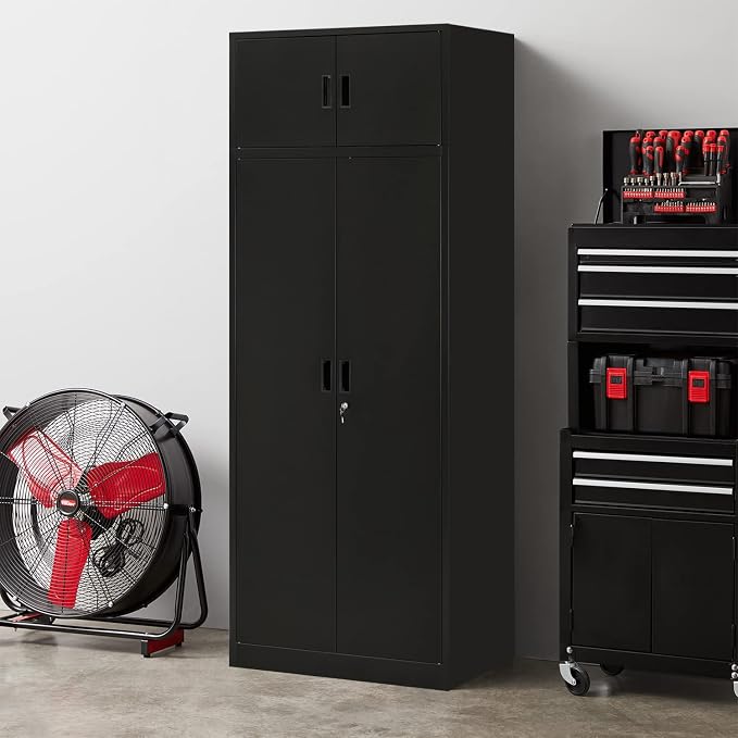 BESFUR 87" Tall Metal Storage Cabinet with Top Cabinet, Locking Garage Storage Cabinet with 4 Adjustable Shelves, Heavy-Duty Tall Cabinet for Home Office, Utility Room, Warehouse, School (Black)