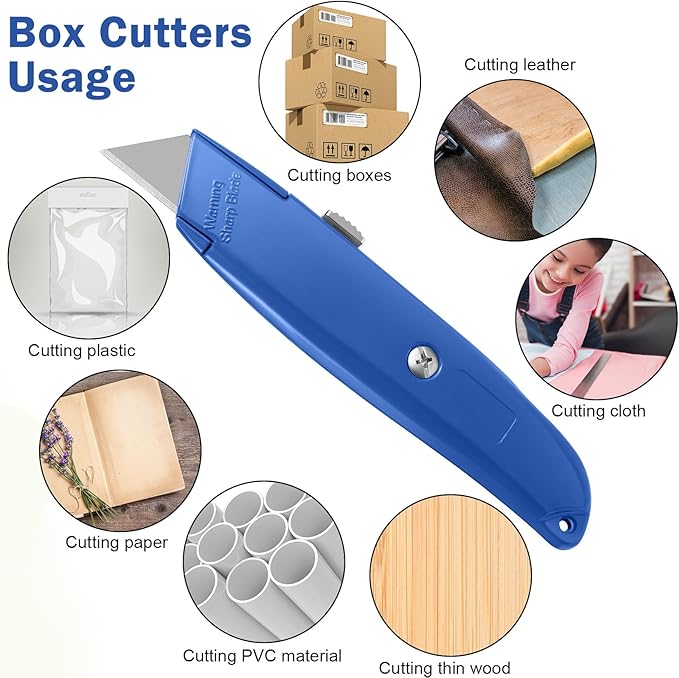 Reginary 20 Pcs Box Cutter Bulk Retractable Utility Knife Heavy Duty Aluminum Alloy Razor Knife for Cardboard Box Carton Opener for DIY, Factory, Home Office(Dark Blue)