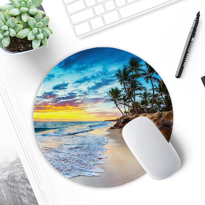 ITNRSIIET Round Mouse Pad with Stitched Edge Premium-Textured Waterproof Non-Slip Rubber Base Desktop Protection Mat Diameter 8.7 inches, Beach