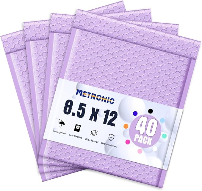 Metronic Bubble Mailer 8.5x12" 40 Pack Lavender Waterproof Padded Envelopes | Usable Size 8.5x11 Light Purple Bubble Mailers Seal Sealing Bubble Envelopes for Packaging, Mailing, Shipping Books