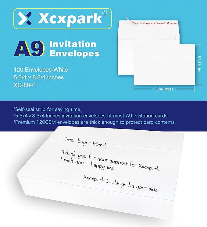Xxcxpark 120 Qty Printable A9 Invitation Envelopes 5.75x 8.75 Cards, Self Seal 120GSM white Paper Envelopes for Invitations, Papers, Photos, Documents, Wedding, Baby Shower, Easy to Seal and Peel