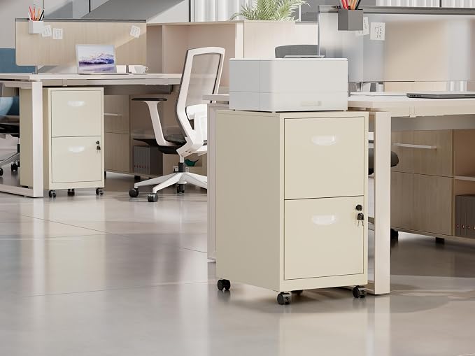 Polup 2 Drawer Rolling File Cabinet with Lock for Home Office | Metal Mobile Filing Cabinet on Wheels, Small Under Desk Storage, Fits Hanging Letter Size, Printer Stand, Cream
