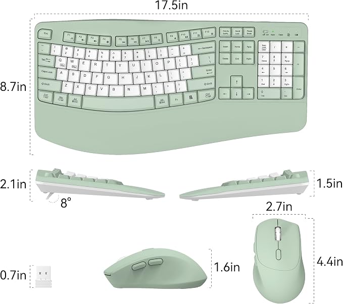Wireless Keyboard and Mouse Combo,2.4G Ergonomic Wave Keys(Avocado Green-B) | Full Size Cordless Keyboard with Wrist Rest,3-Level DPI Ergonomic Mouse for Office and Home,Windows/Mac OS/Desktop/Laptop/PC