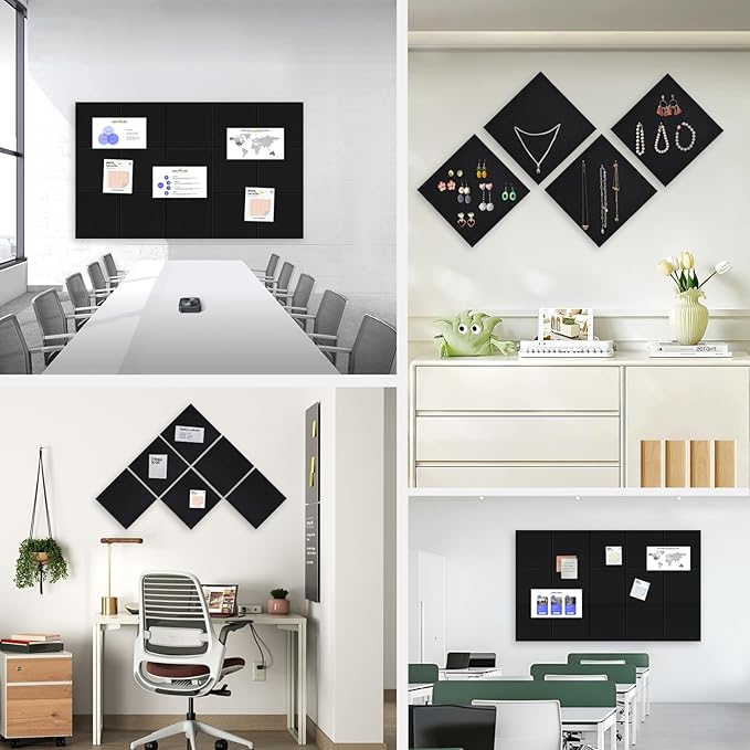 48" x 36" Large Felt Bulletin Board 1/2" Thick, Black | 12 Pack Felt Tiles, Cork Board Alternative, 60 Adhesive Tabs, Pin Board for Home Office Decor with Easy Install