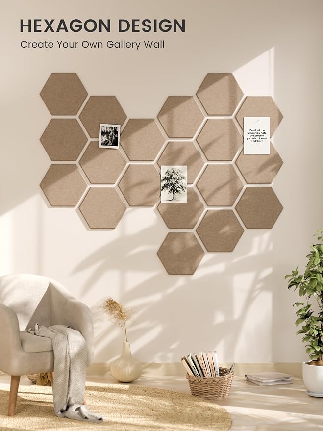 Fluxynara 12-Pack Hexagon Felt Bulletin Board Tiles, Taupe | Cork Board Alternative with 60 Adhesive Tabs for Notes, Photos and Reminders in Home Offices, Dorm and Classrooms