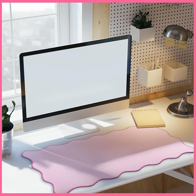 Hahafelt Scalloped Desk Mat Waterproof,Pink,31.5 X 15.8 Inches | Coquette Preppy Style for School Office Makeup Vanity, Nonslip Gaming Desktop Protector with Scalloped Stitched Edge Mat
